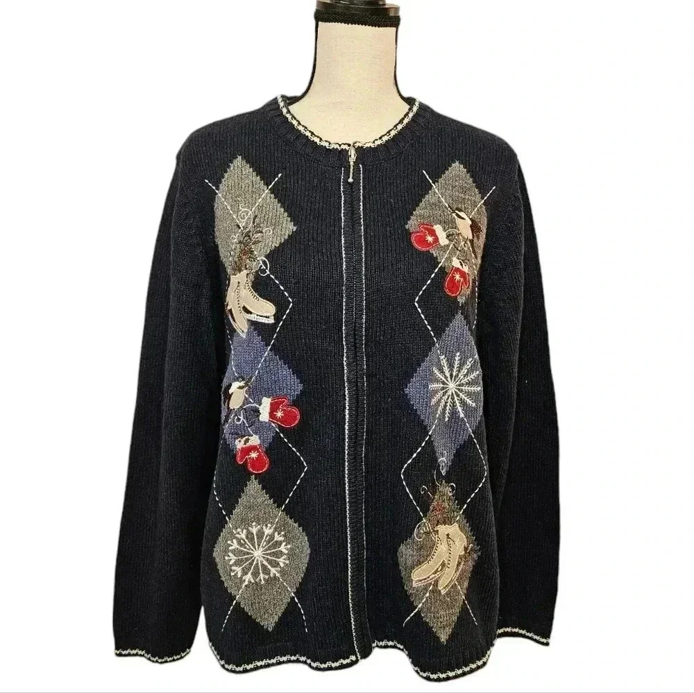 Winter Holiday Embroided Bird Snowflake Skate Zip Front Grandma Navy Cardigan